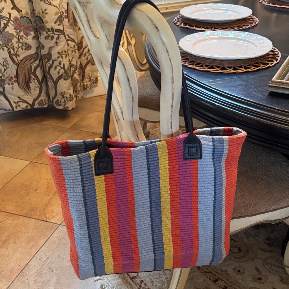 Dash‎ & Albert Rug Company Striped Multicolor Tote Bag Leather Handles Big Fun!